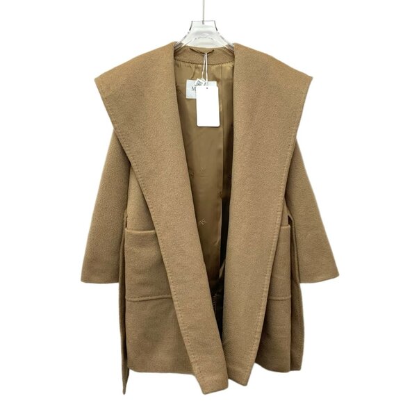 Max Mara Brown Camel Hair Hooded Belted Robe Coat
